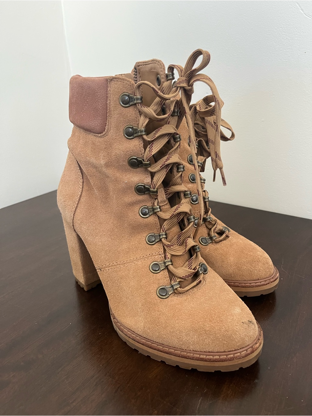 Gianni Bini Camel Suede Lace-Up Block Heel Boots